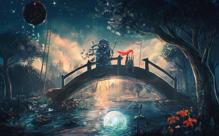 Artwork of Sylar on a bridge with a glowing orb