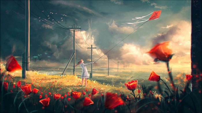 Girl flying a red kite in a field of flowers