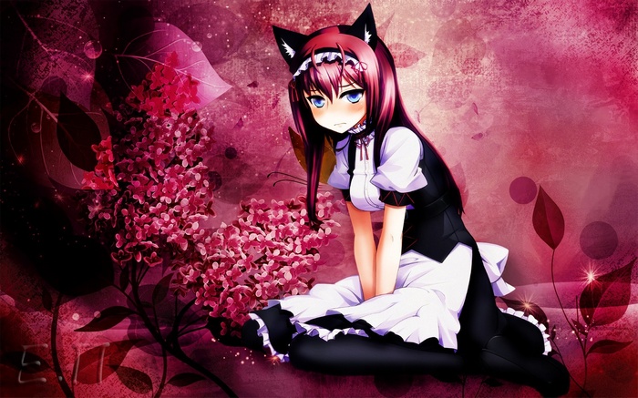 Anime girl with cat ears in a maid outfit