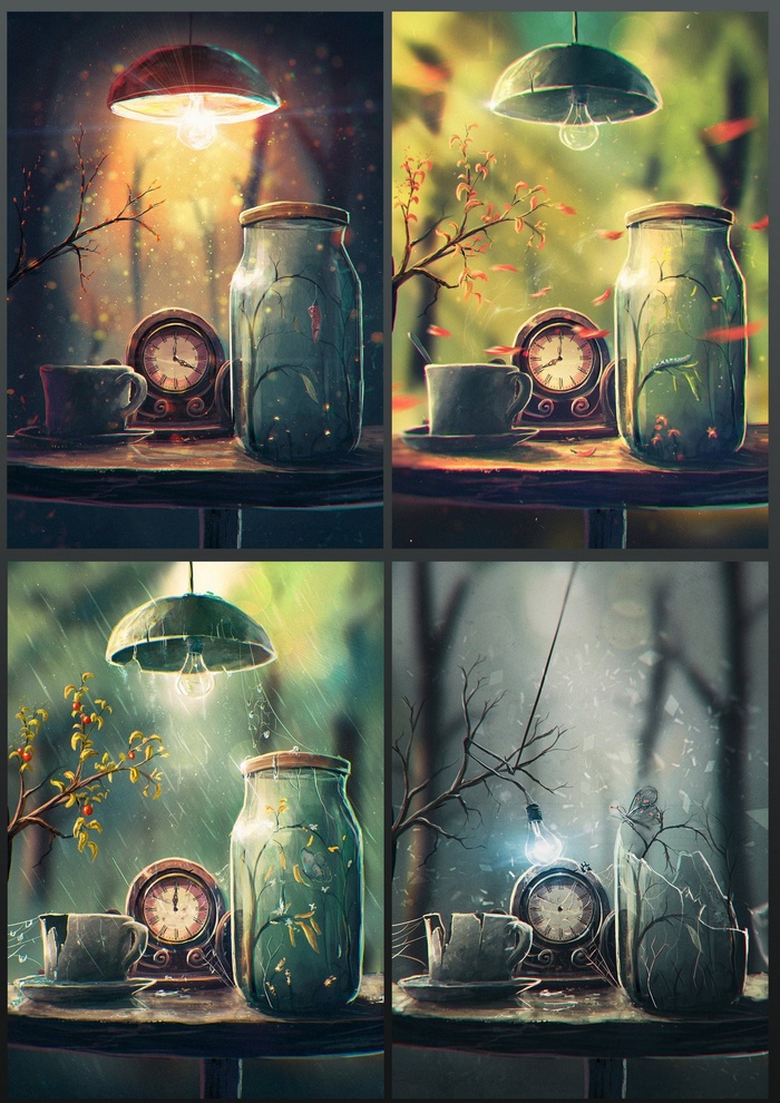 Four scenes of a still life with a jar, clock, and cup