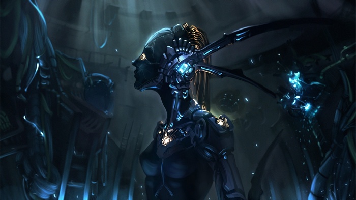 Futuristic robot with glowing blue accents