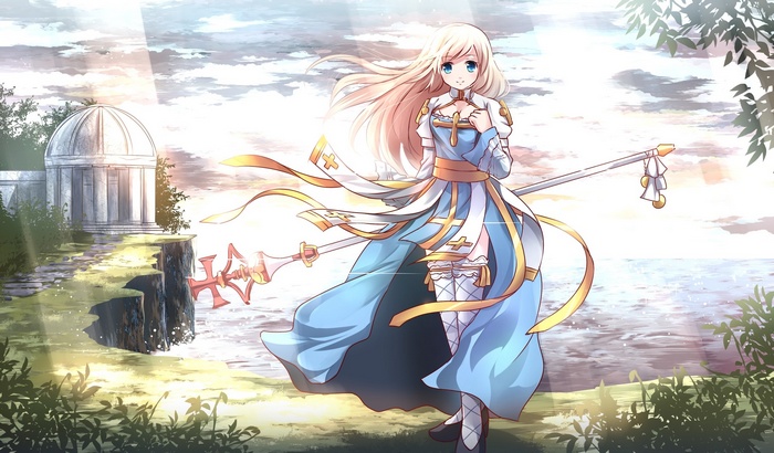 Anime girl with blonde hair and blue eyes holding a staff