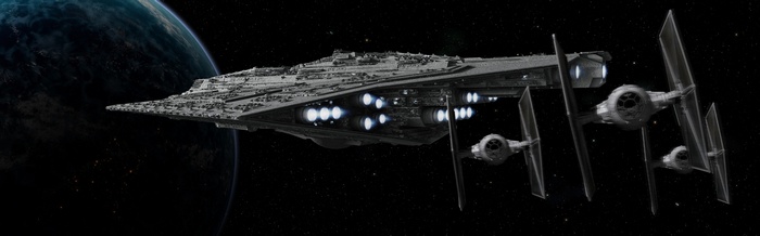 Star Wars Imperial Star Destroyer and TIE Fighters near a planet