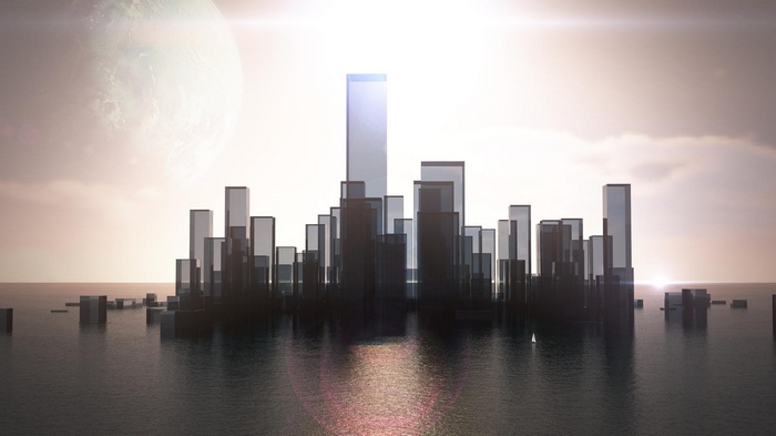 Glass skyscrapers rise from the ocean under a large planet