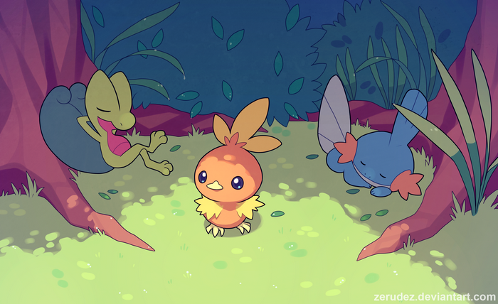 Treecko, Torchic, and Mudkip resting in a forest