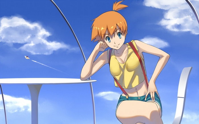 Misty from Pokemon sitting outdoors