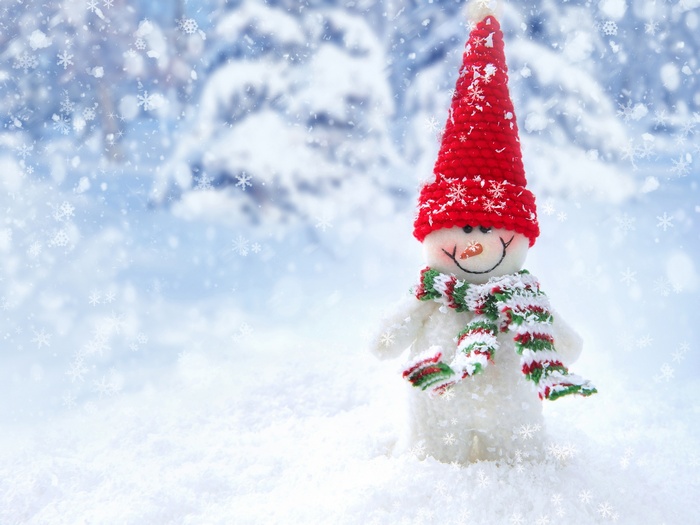 Snowman with Red Hat and Scarf in Snow
