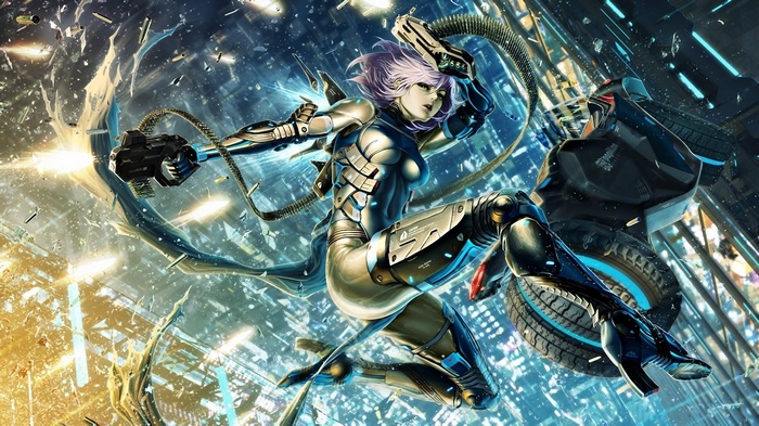 Anime cyborg woman with gun in futuristic city