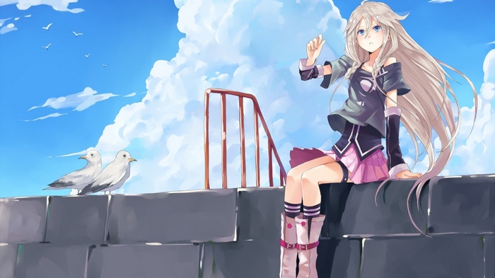 IA Vocaloid sitting on a wall with seagulls and clouds
