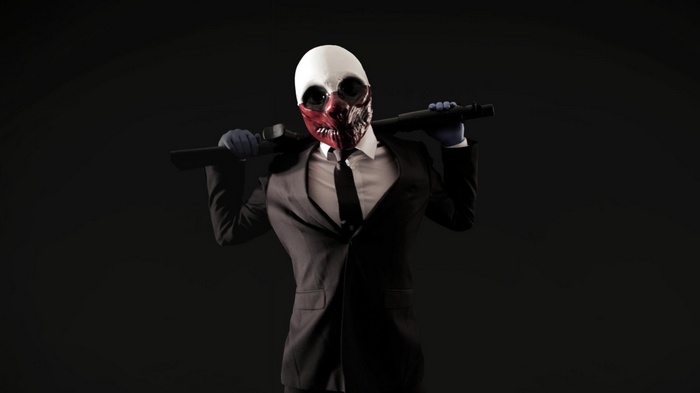 Payday 2 character with a mask and rifle