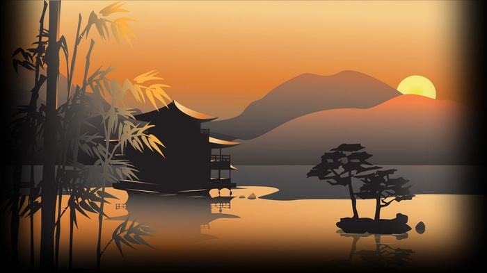 Japanese Pagoda and Bamboo at Sunset