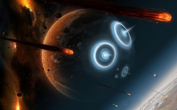 Space battle with meteors and glowing planets