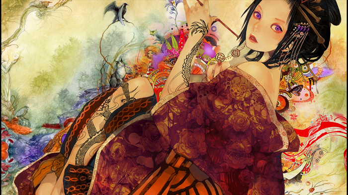 Anime geisha with tattoos in a kimono