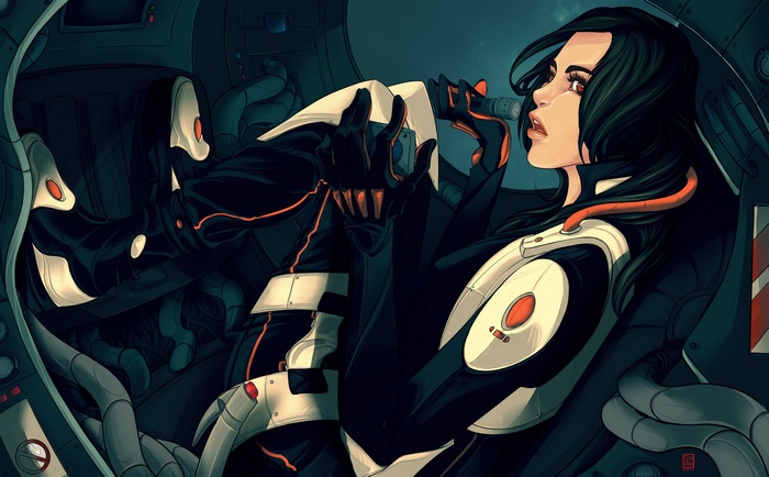Woman in futuristic suit in a cockpit