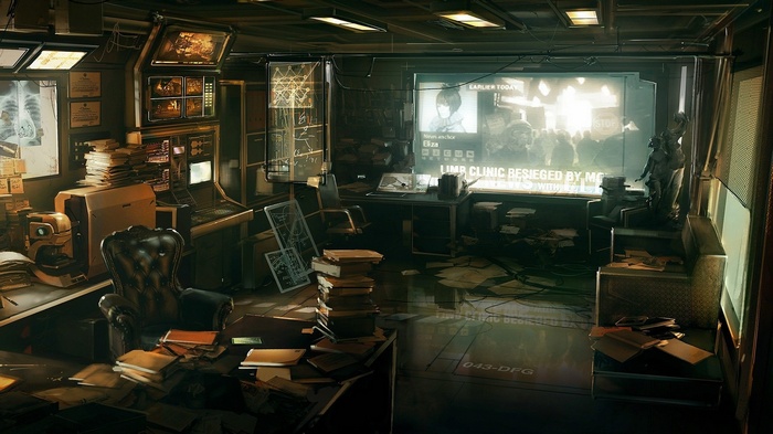 Deus Ex: Human Revolution futuristic office with screens