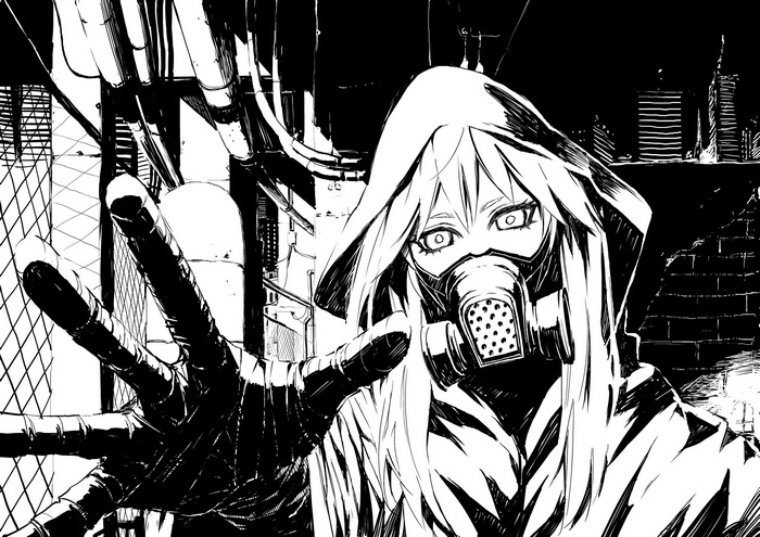 Anime girl with gas mask and hood in monochrome city