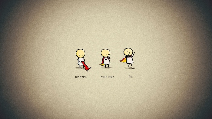 Three simple figures get, wear, and fly a cape