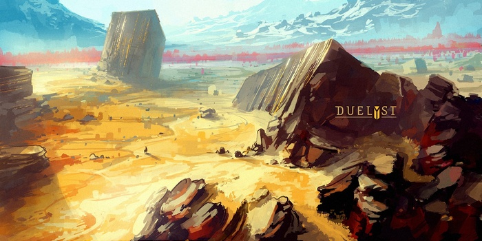 Duelyst concept art of a desert landscape with monoliths