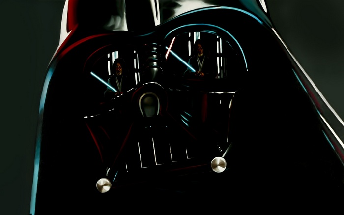 Darth Vader mask reflection with Obi-Wan Kenobi and Luke Skywalker