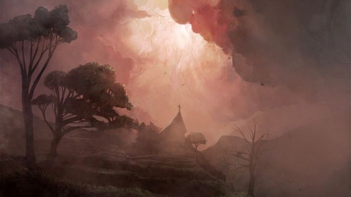Fantasy landscape with a church and dramatic sky