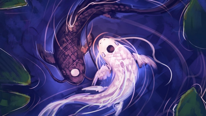 lake, artwork, lily pads, fish, water, Yin and Yang, fantasy art