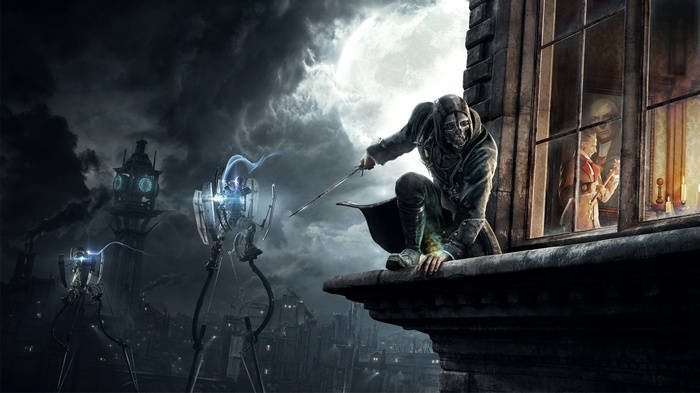 Corvo Attano in Dishonored on a rooftop at night