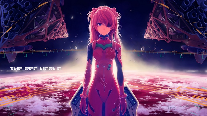 science fiction, horizon, EVA Unit 02, symmetry, eyepatches, fantasy art, planet, warm colors, futuristic, Neon Genesis Evangelion, space, anime, mecha girls, anime girls, digital art, eye patch, clouds, space station, spaceship