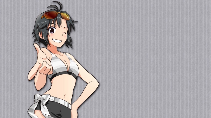 black hair, striped swimsuit, short hair, swimwear, anime, THE iDOLM@STER, sunglasses, simple background, anime girls, Kikuchi Makoto