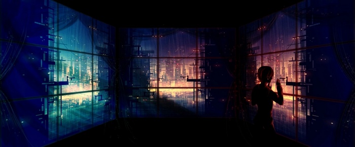 Anime artwork of a futuristic city viewed through a window