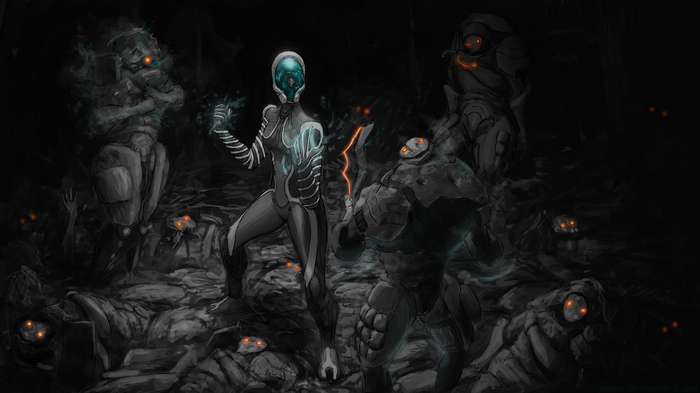 Mag and Grineer in a dark, rocky environment
