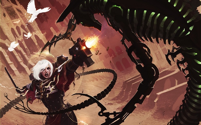 Warhammer 40,000 Sisters of Battle fighting a Necron