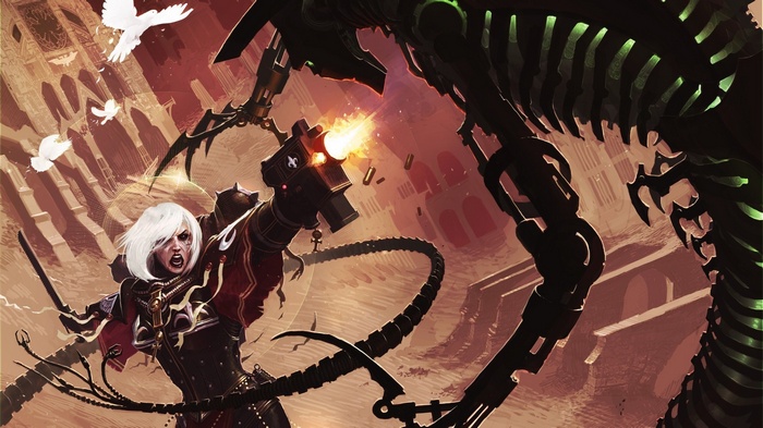 Sister of Battle fighting a Necron in Warhammer 40,000
