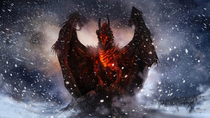 A fiery dragon in a snowy landscape