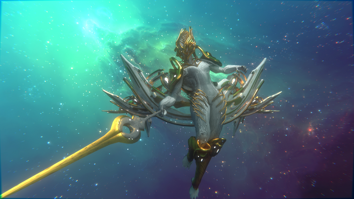 Valkyr from Warframe in space with a golden weapon