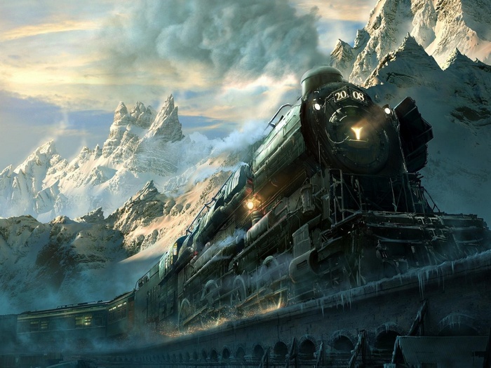 artwork, steam locomotive, train, mountains