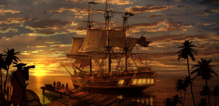 Pirates and sailing ship at sunset