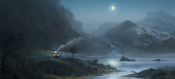 Night train traveling through a misty mountain landscape