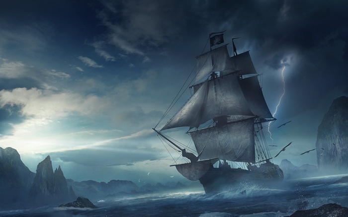 Pirate ship in a stormy sea with lightning