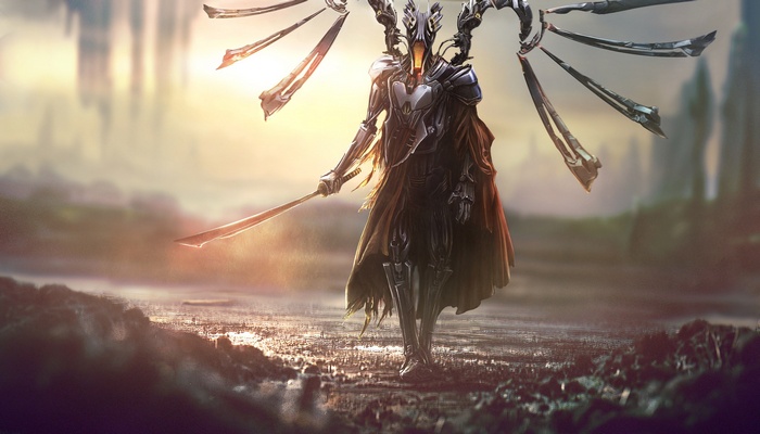 Fantasy warrior with sword and mechanical wings