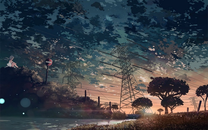 Anime girl sitting near power lines at sunset