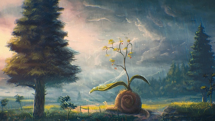 Fantasy art of a snail with a plant in the rain