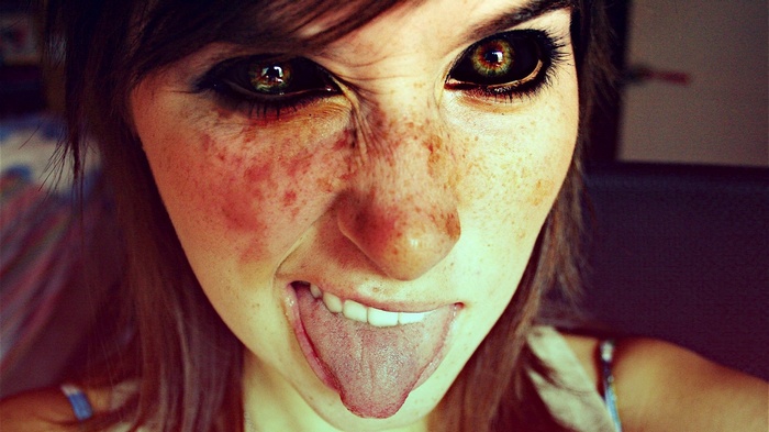 women, dark eyes, tongues, black eyes, blacked out eyes