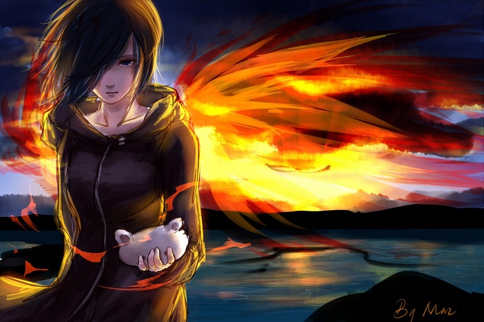 Kirishima Touka with fiery wings at sunset
