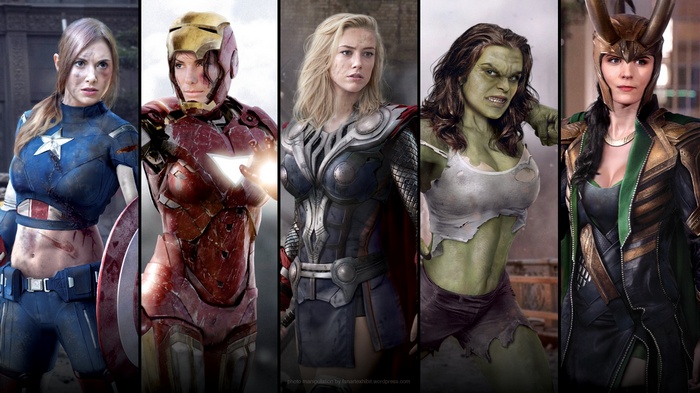 Women as Captain America, Iron Man, Thor, Hulk, and Loki