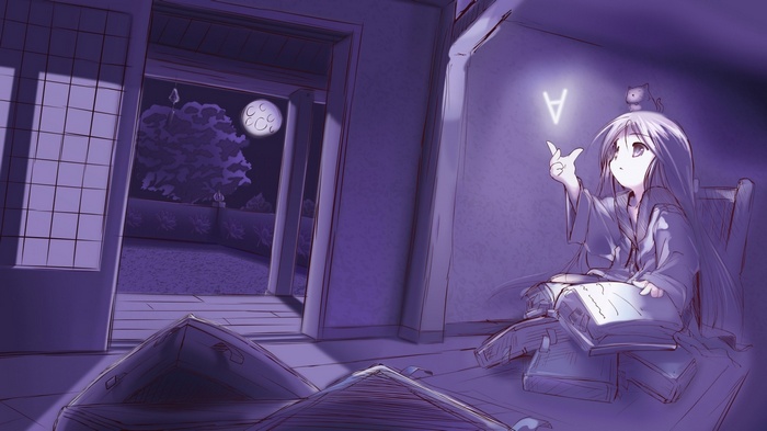 Anime girl with a cat and a glowing symbol