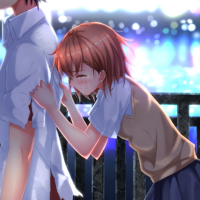 Misaka Mikoto crying and holding Touma Kamijou's arm