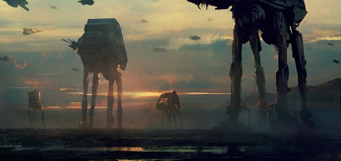 Star Wars AT-AT walkers in a desolate landscape