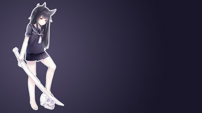 Anime girl with black hair, animal ears, and sword over skull