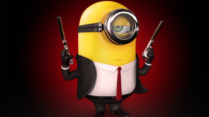 Minion dressed as Hitman holding two pistols