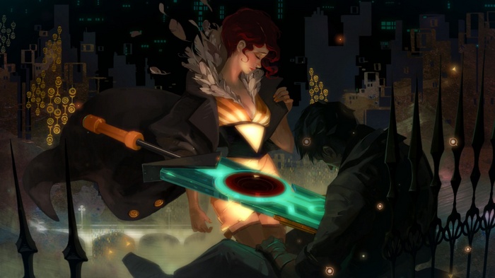 Red and a man with a sword in Transistor